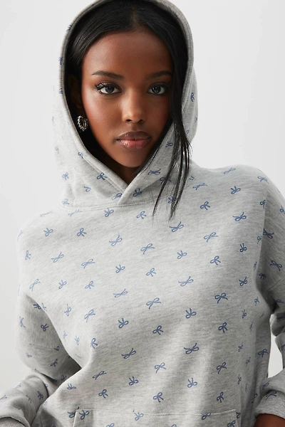 Ardene Bow Print Hoodie in Grey | Size | Polyester/Cotton | Fleece-Lined
