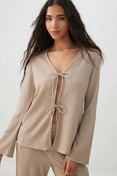 Ardene Seersucker Tie Front Cardigan in Beige | Size