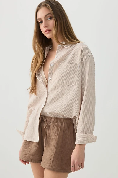 Ardene Light Button Down Shirt in Beige | Size | Polyester