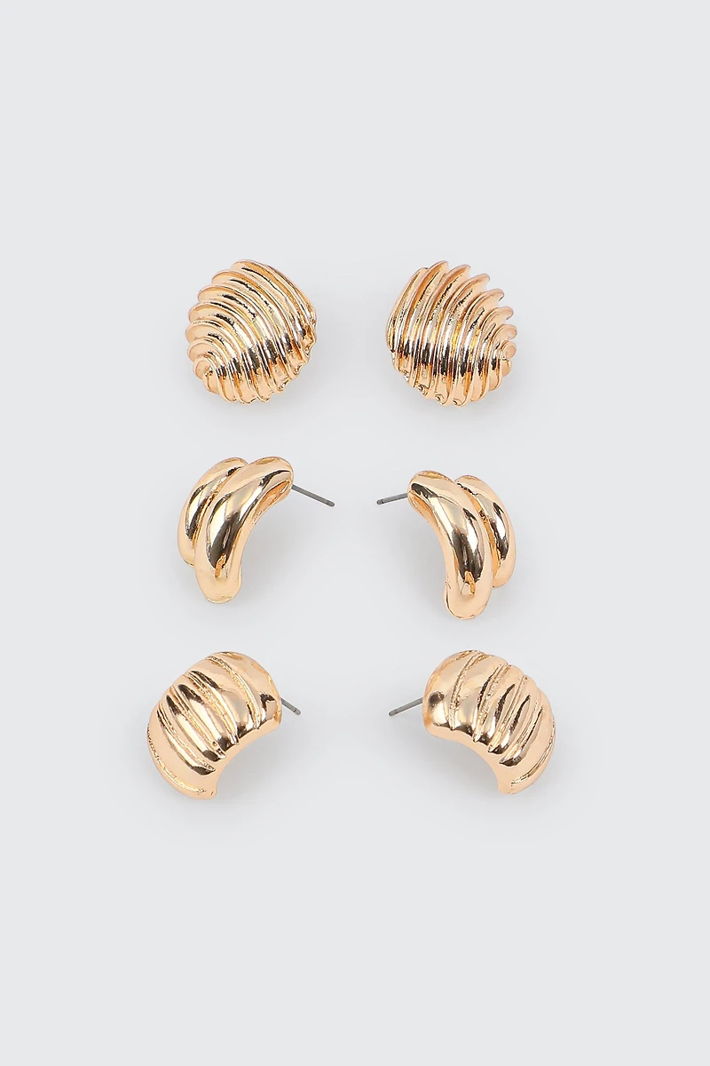 Ardene 3-Pack Ribbed Stud Earrings in Gold | Stainless Steel
