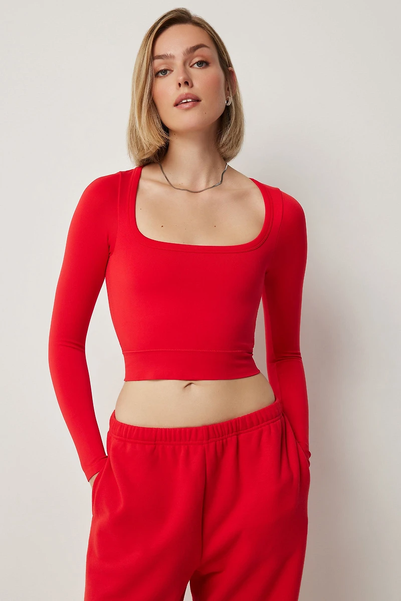 Ardene Seamless Long Sleeve T-Shirt in Flame Red | Size Small | Nylon/Elastane