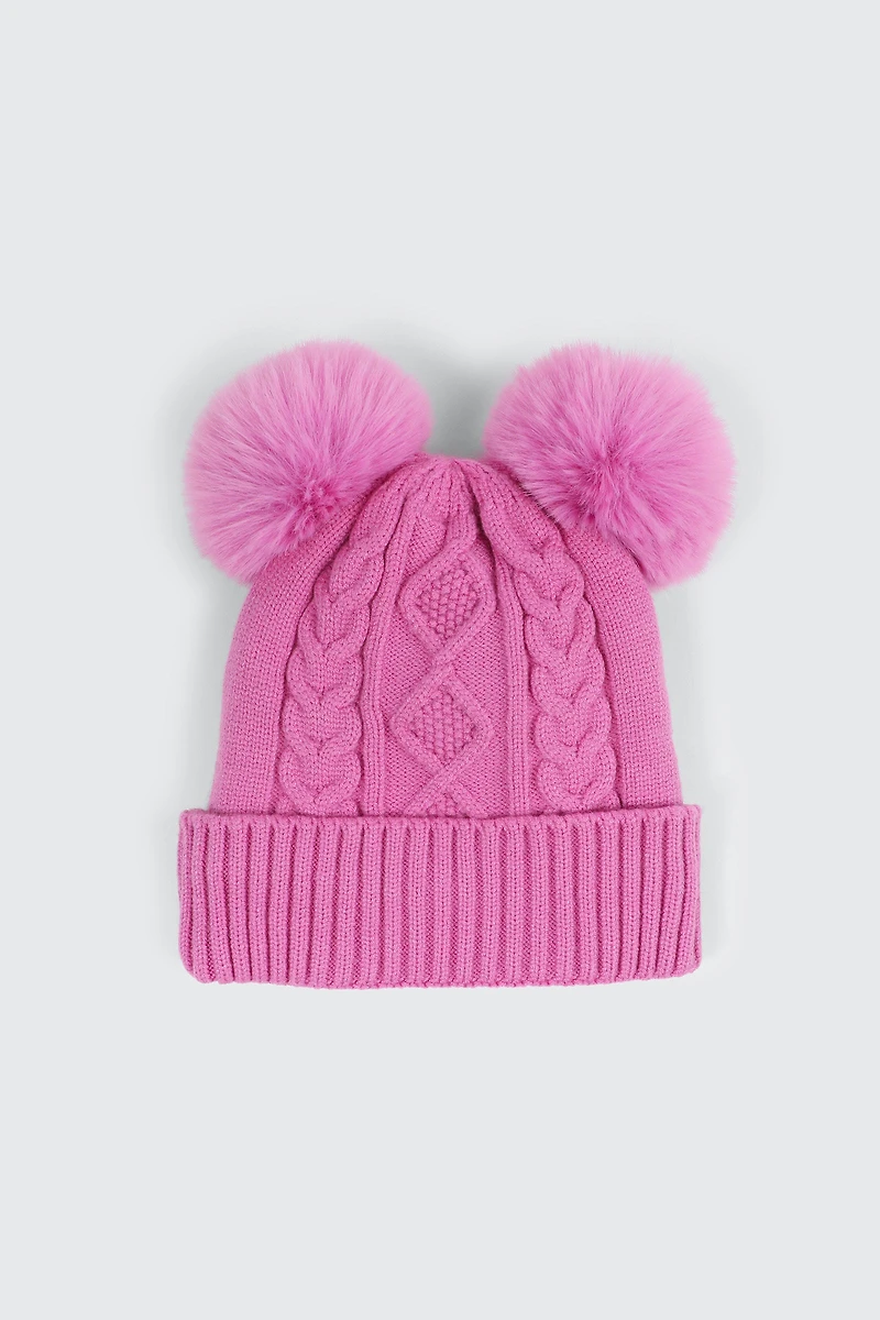 Ardene Kids Cable Knit Beanie with Pompoms in Medium Pink | Polyester/Rayon/Nylon