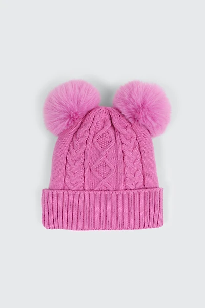 Ardene Kids Cable Knit Beanie with Pompoms in Medium Pink | Polyester/Rayon/Nylon