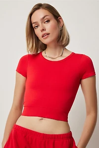 Ardene Seamless Crop Crew Neck T-Shirt in Flame Red | Size Large | Nylon/Elastane