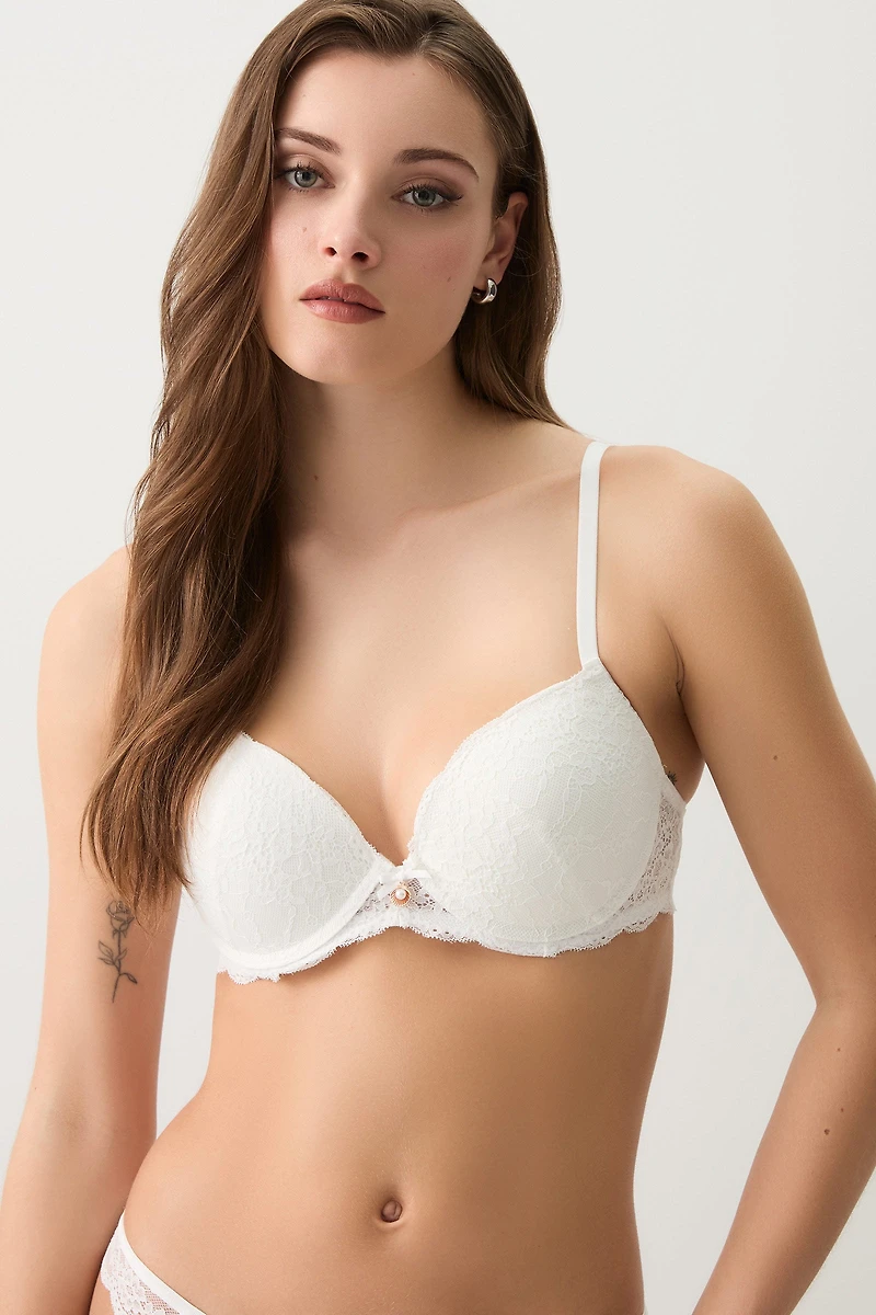 Ardene Luxe Lace Push Up Bra in White | Size 36C | Nylon/Elastane