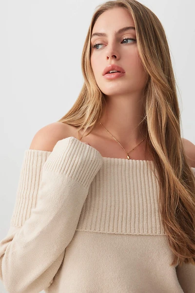 Ardene Fold Over Off Shoulder Sweater in Beige | Size | Polyester/Spandex