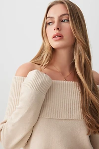 Ardene Fold Over Off Shoulder Sweater in Beige | Size | Polyester/Spandex