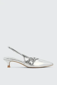 Ardene Patent Double Buckle Slingback Pumps in Silver | Size | Faux Leather | Eco-Conscious