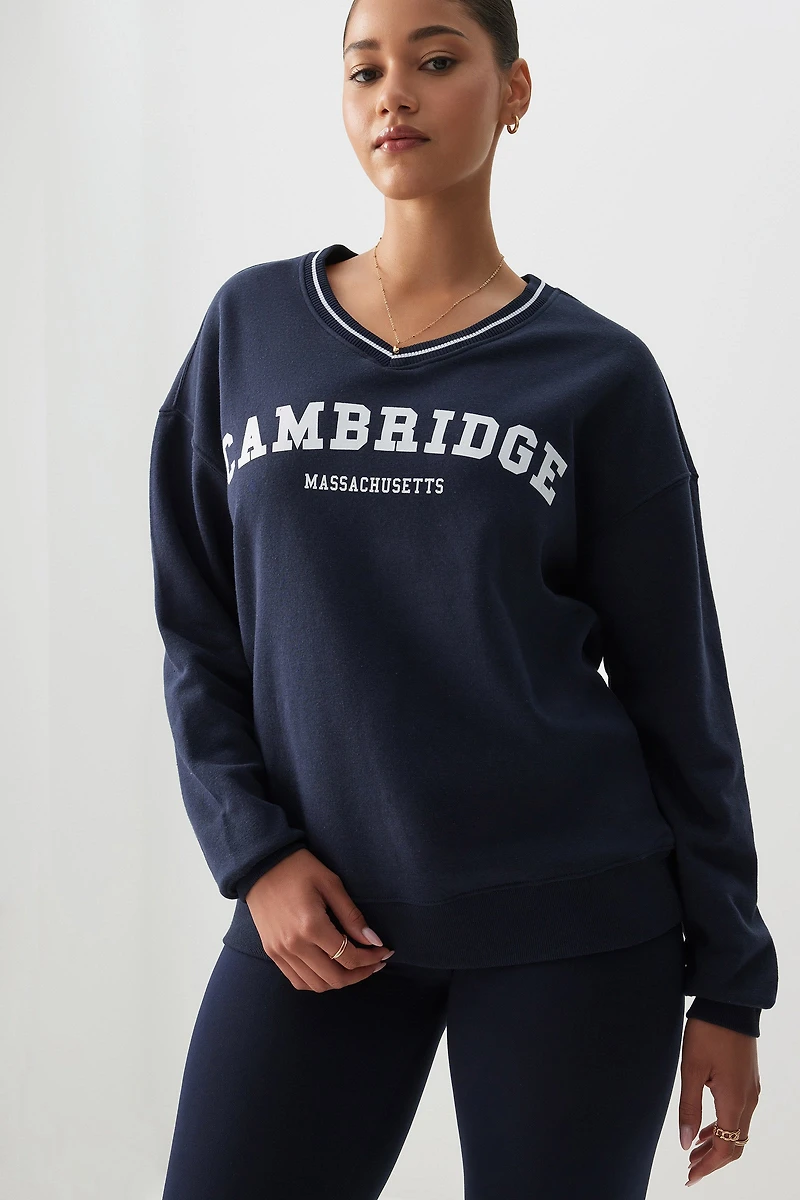 Ardene Varsity V-Neck Sweatshirt in Dark Blue | Size | Polyester/Cotton | Fleece-Lined