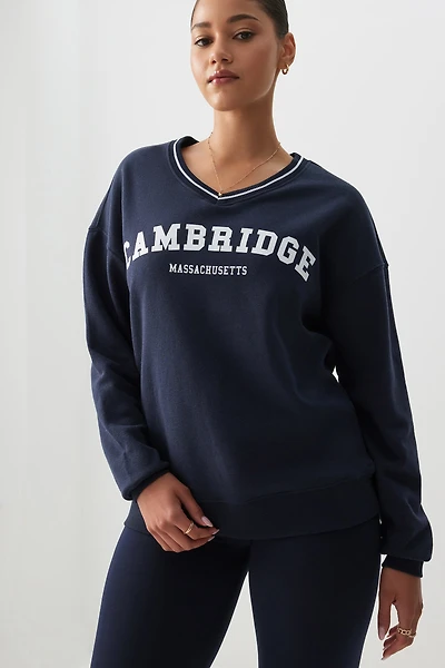 Ardene Varsity V-Neck Sweatshirt in Dark Blue | Size | Polyester/Cotton | Fleece-Lined