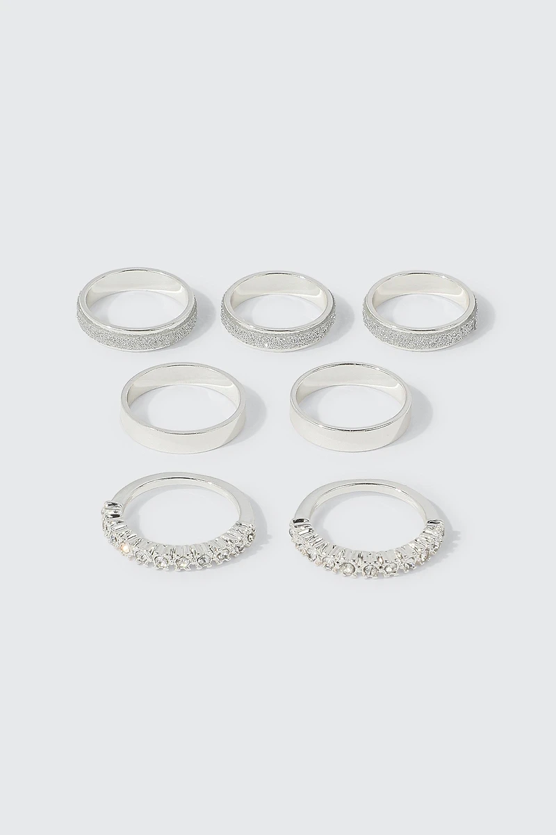 Ardene 7-Pack Glitter & Stone Rings in Silver | Size