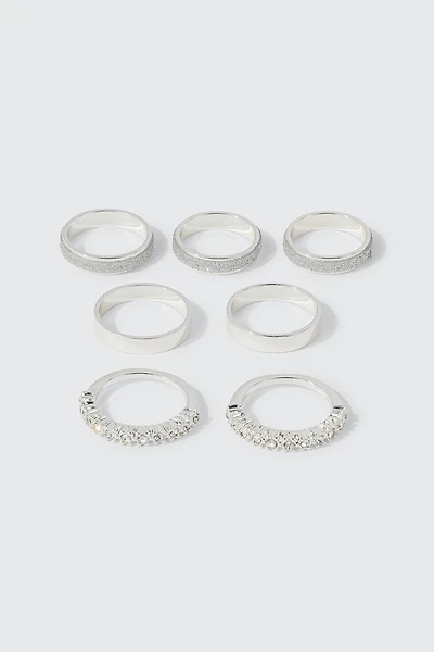 Ardene 7-Pack Glitter & Stone Rings in Silver | Size