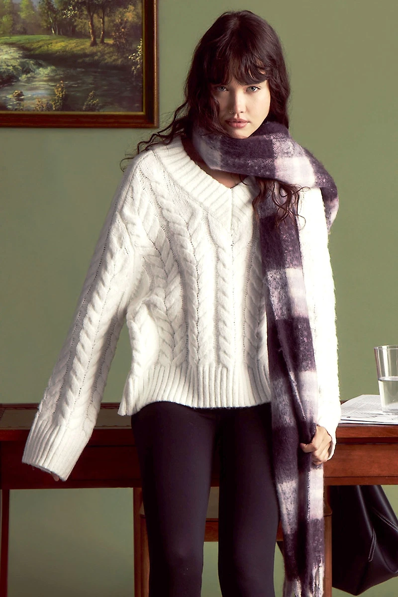 Ardene Cable Knit V-Neck Sweater in Off-White | Size | Polyester | Eco-Conscious