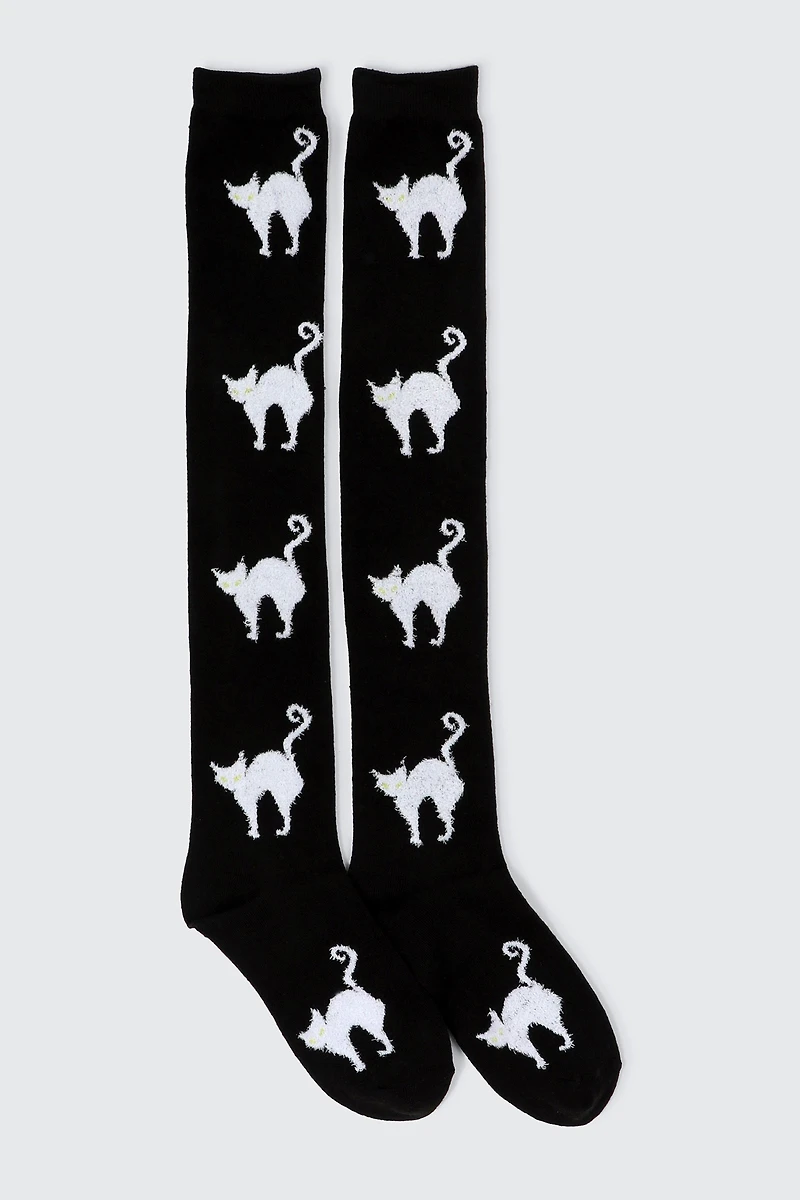 Ardene Over-the-Knee Cat Print Socks | Polyester/Spandex