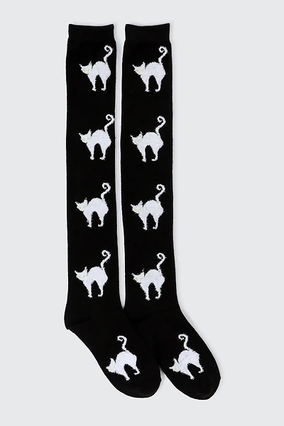 Ardene Over-the-Knee Cat Print Socks | Polyester/Spandex