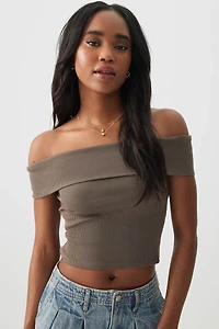 Ardene Rib Off Shoulder Crop Top in Brown | Size Large | Cotton/Elastane