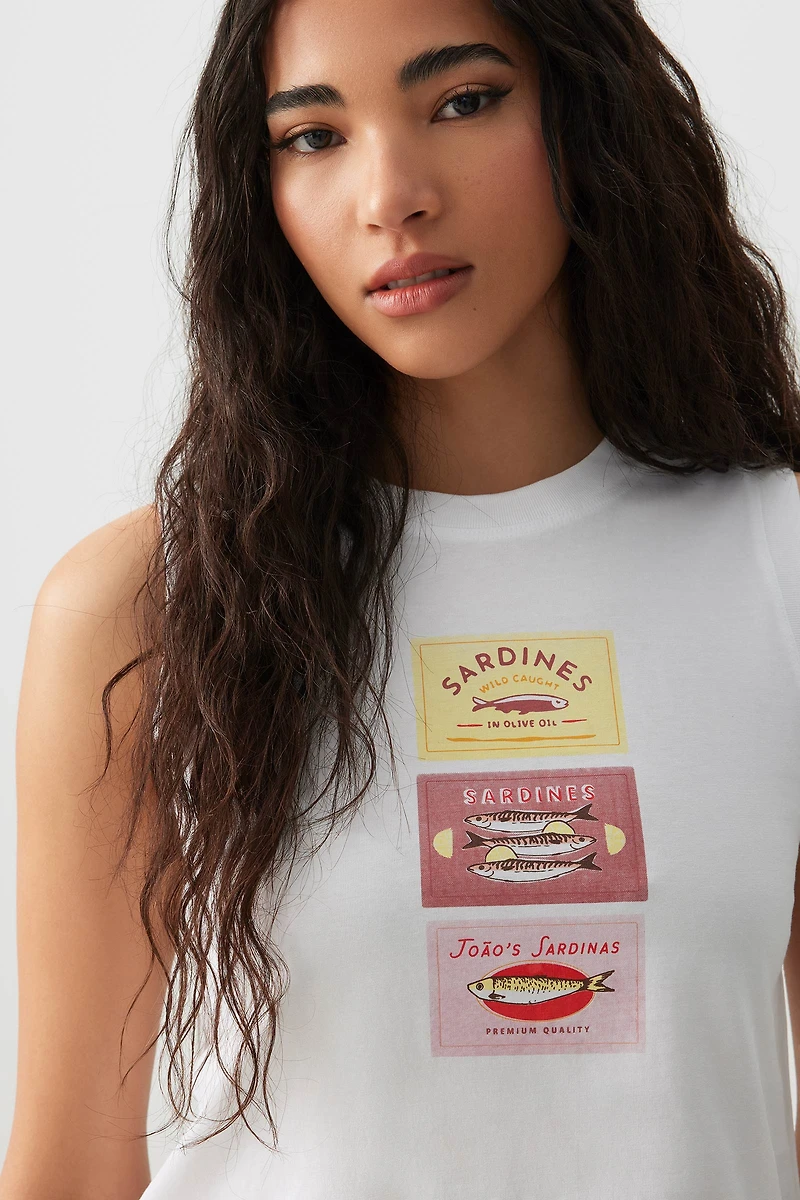 Ardene Graphic Boxy Muscle Tank in White | Size | 100% Cotton