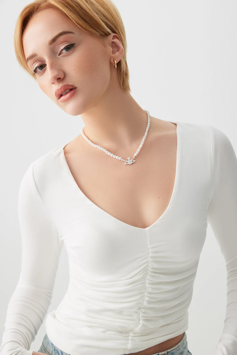 Ardene Ruched front Long Sleeve Top in White | Size | Polyester/Elastane
