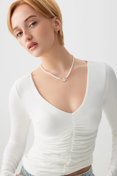 Ardene Ruched front Long Sleeve Top in White | Size | Polyester/Elastane