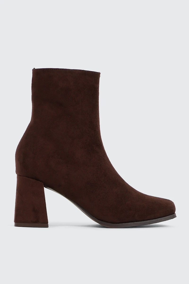 Ardene Flare Heel Ankle Boots in Brown | Size | Faux Leather/Faux Suede