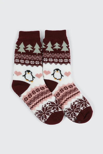 Ardene Penguin Slipper Socks in Burgundy | Size Small | Polyester