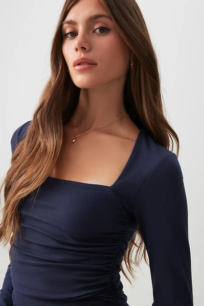Ardene Square Neck Long Sleeve Top in Dark Blue | Size | Cotton/Elastane