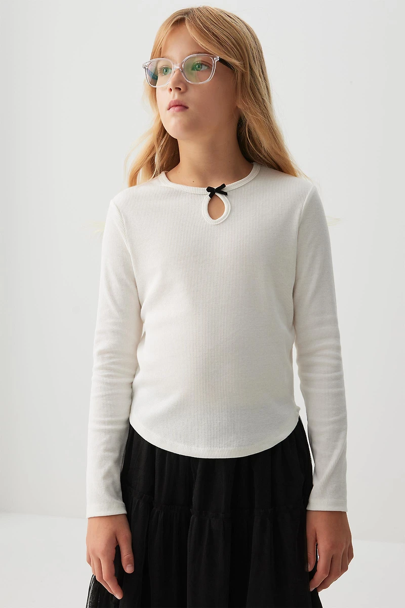 Ardene Kids Pointelle Long Sleeve Top with Bow Detail in | Size | Polyester/Cotton/Elastane