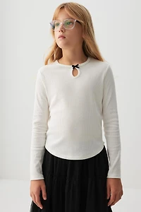 Ardene Kids Pointelle Long Sleeve Top with Bow Detail in | Size | Polyester/Cotton/Elastane