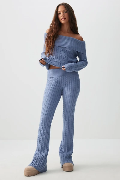 Ardene Cable Knit Flare Pants in Light Blue | Size | Polyester/Nylon/Viscose