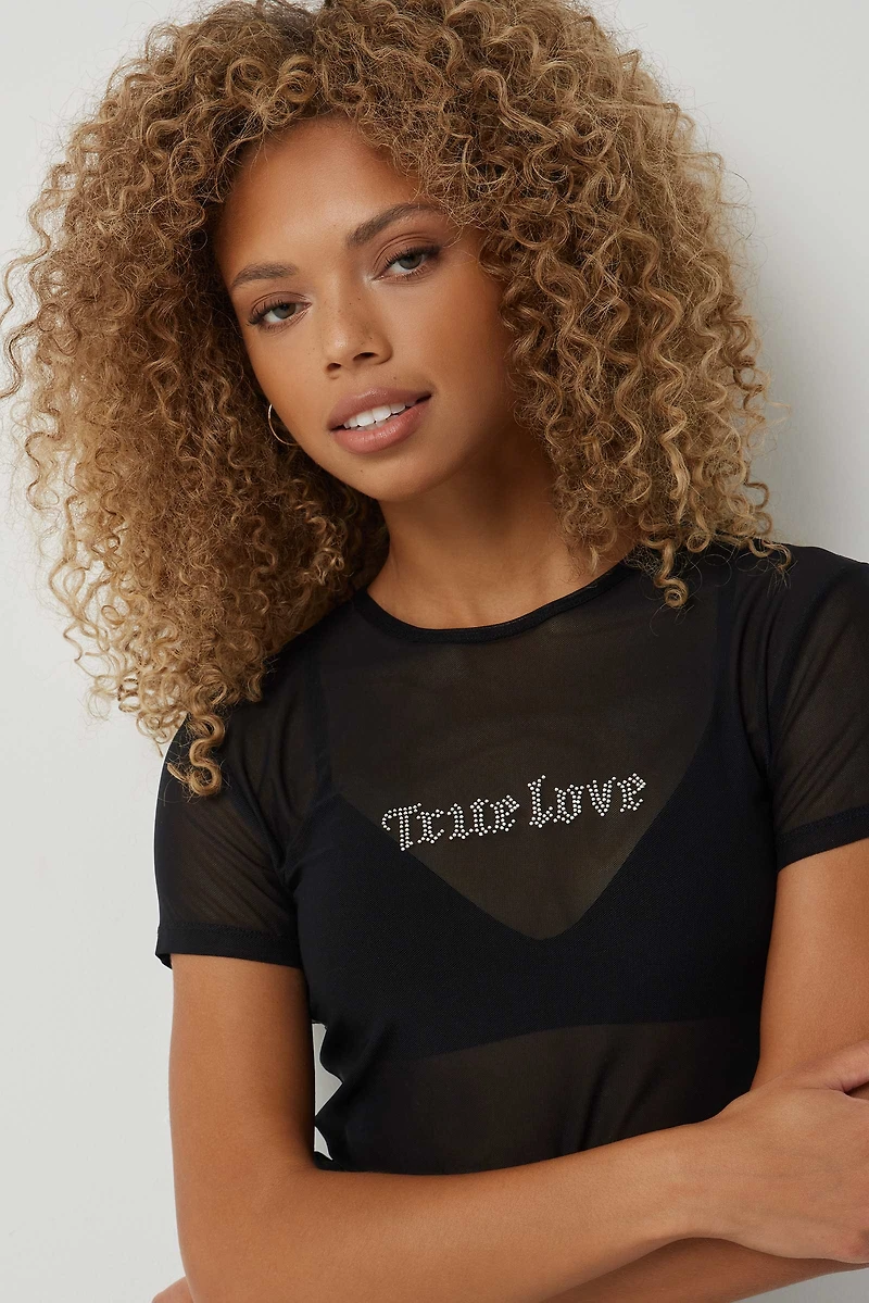 Ardene Crop Mesh T-Shirt with Rhinestones in Black | Size XS | Polyester/Spandex