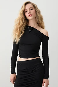 Ardene Asymmetrical Off Shoulder T-Shirt in Black | Size | Polyester/Spandex