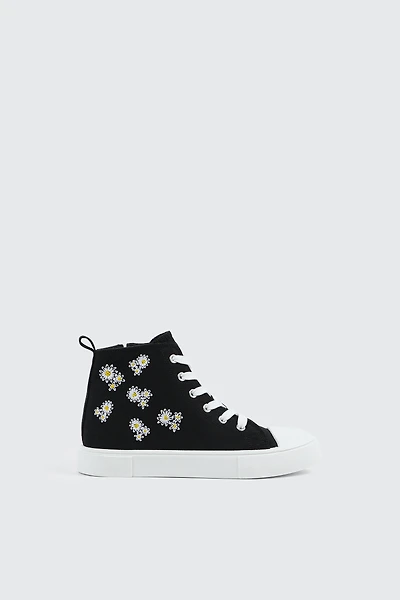 Ardene Kids High Top Sneakers with Embroideries in Black | Size