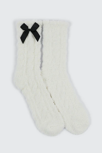 Ardene Cozy Socks with satin Bow Detail in White | Polyester/Spandex