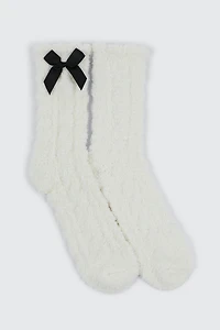 Ardene Cozy Socks with satin Bow Detail in White | Polyester/Spandex