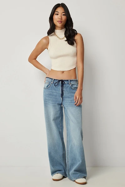 Ardene Low Rise Wide Leg Jean in Medium Blue | Size 9 | Polyester/Rayon/Cotton