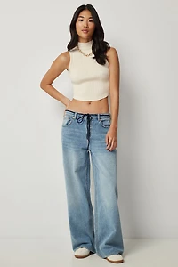 Ardene Low Rise Wide Leg Jean in Medium Blue | Size 9 | Polyester/Rayon/Cotton
