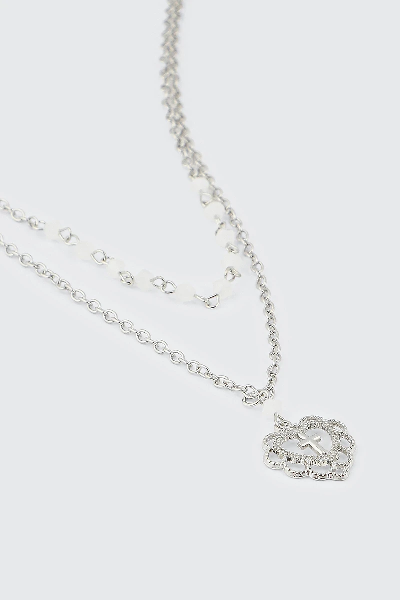 Collier 2 rangs à pendentif cœur et croix