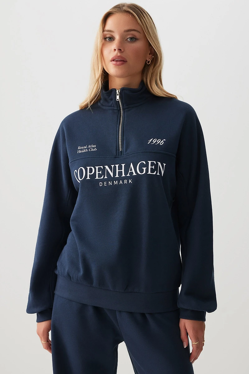 Ardene Destination Oversized Half Zip Sweatshirt in Dark Blue | Size | Polyester/Cotton | Fleece-Lined