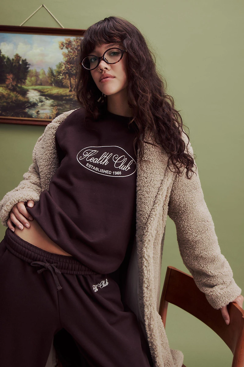 Ardene Embroidered Relaxed Sweatshirt in Brown | Size | Polyester/Cotton | Fleece-Lined