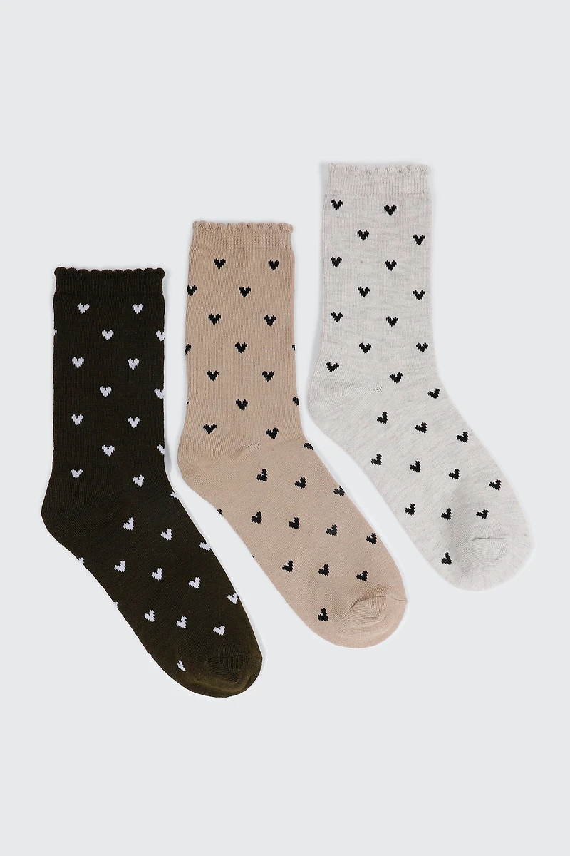 Ardene 3-Pack Small Heart Crew Socks | Polyester/Spandex