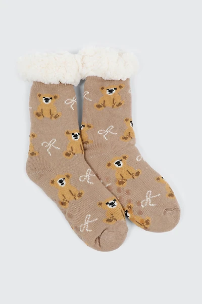Ardene Teddy Bear Slipper Socks in Brown | Size | Polyester/Spandex