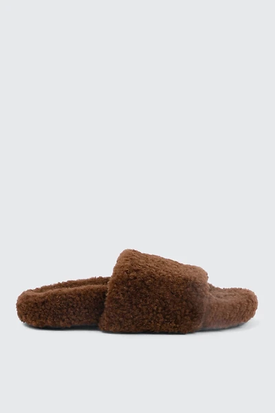 Ardene Curly Faux Fur Slippers in Brown | Size