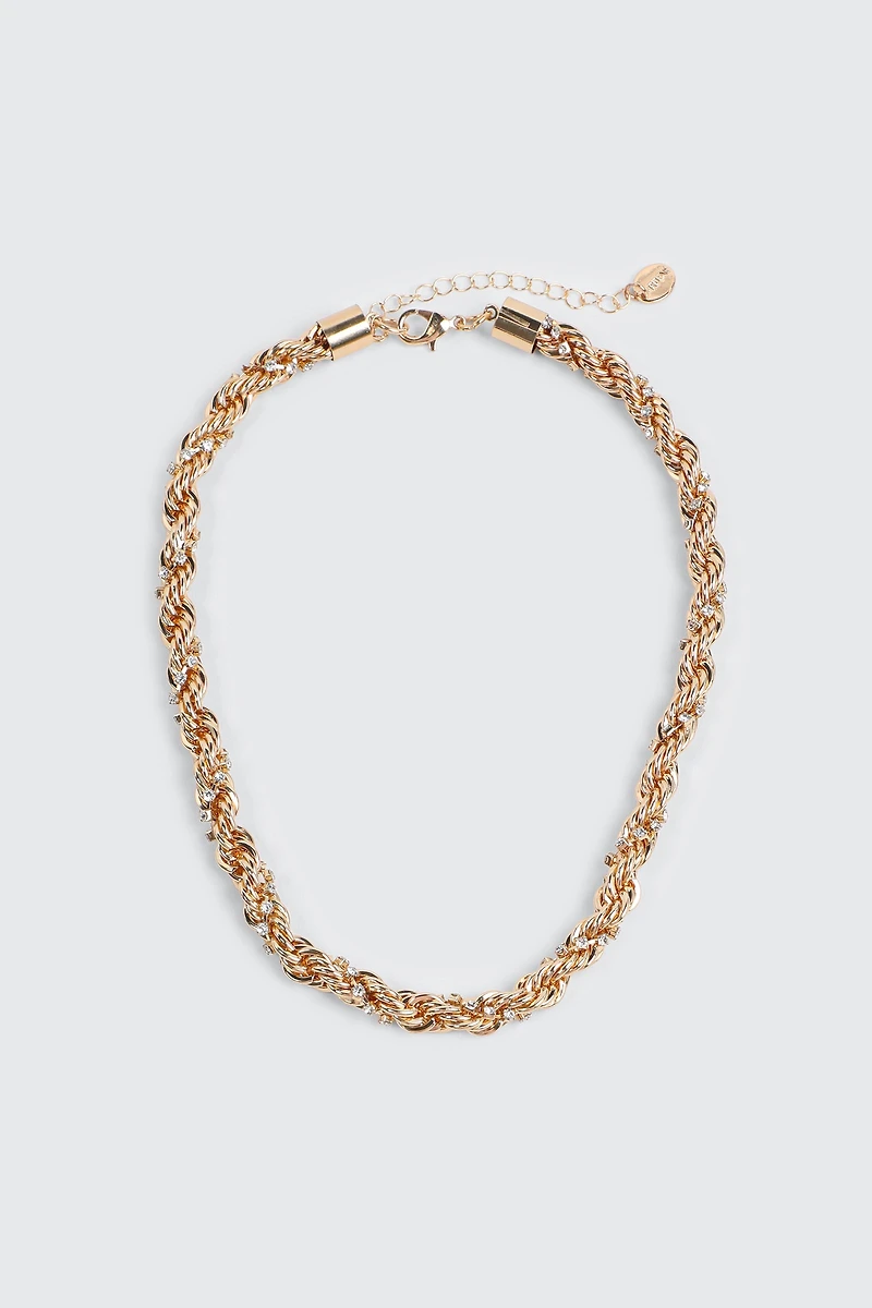 Ardene Torsade Chain Necklace with Rhinestones in Gold