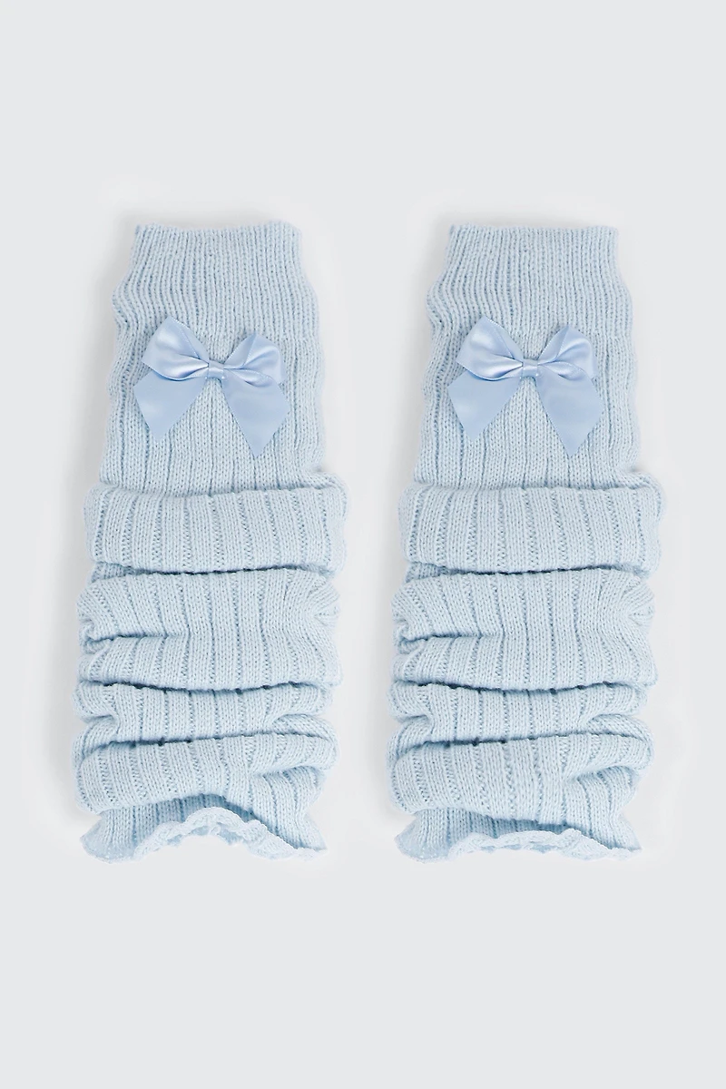 Ardene Rib Knit Leg Warmers with Bow in Light Blue | 100% Acrylic
