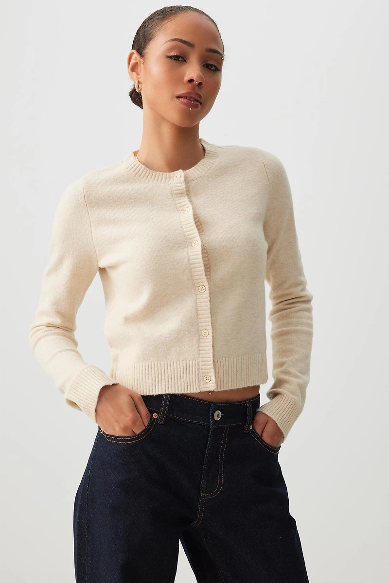 Ardene Crew Neck Cardigan in Beige | Size | Polyester/Elastane | Eco-Conscious