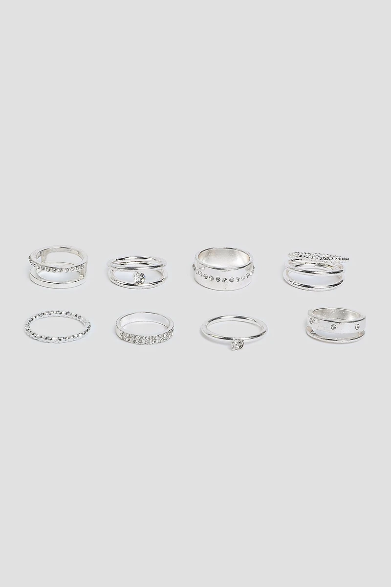 Ardene 8-Pack Assorted Rings in Silver | Size Small
