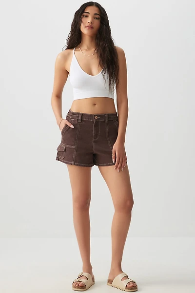 Ardene Contrast Stitch High Rise Midi Shorts in Brown | Size | Polyester/Spandex/Cotton