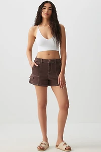 Ardene Contrast Stitch High Rise Midi Shorts in Brown | Size | Polyester/Spandex/Cotton