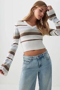 Ardene Striped Fitted V-Neck Sweater in Light Blue | Size | Polyester/Nylon/Viscose