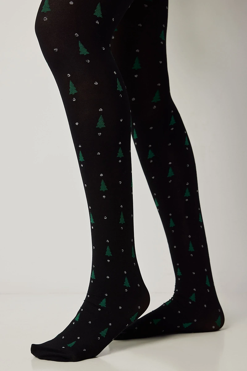 Ardene Trees & Crystals Festive Tights in Black | Elastane/Polyamide